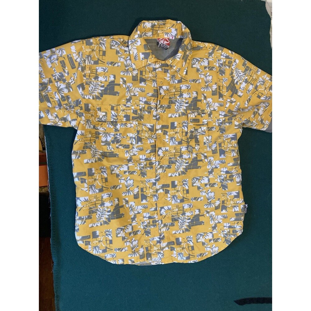 Pacific Motion Yellow Floral Surf Beach Hawaiian Shirt Men’s LG Cotton USA